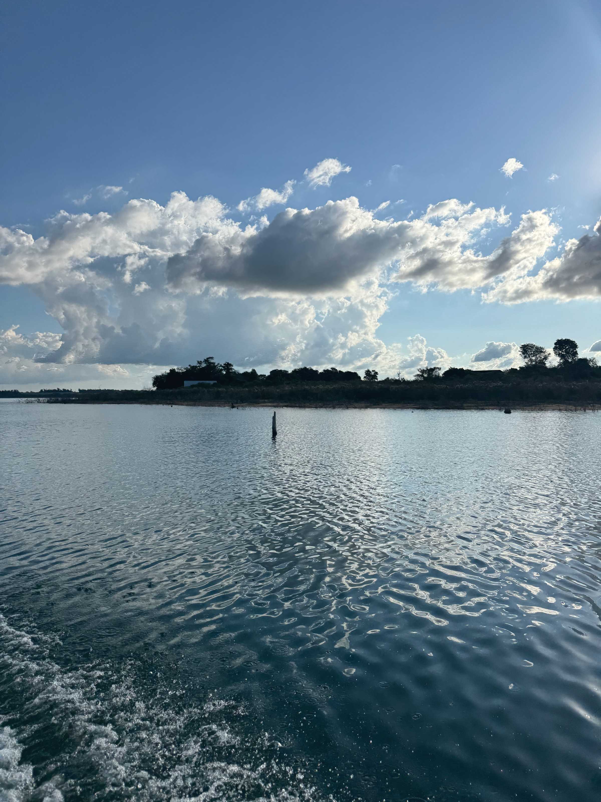 El lago desde una lancha: agua con reflejos, cúmulos grandes y la costa con árboles al fondo.